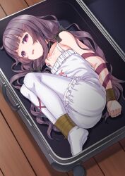 Rule 34 | 1girl, absurdres, arm ribbon, bare shoulders, bound, bound ankles, bound arms, broiler, empty eyes, fallenshadow, flat chest, hair ornament, highres, in container, indie virtual youtuber, leg ribbon, long hair, looking at viewer, lying, on side, open mouth, pantyhose, purple eyes, purple hair, ribbon, sleepwear, solo, suitcase, very long hair, white pantyhose, x hair ornament