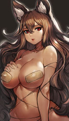 Rule 34 | 1girl, animal ear fluff, animal ears, bandaid, bandaids on nipples, blush, breasts, brown hair, collarbone, commentary, english commentary, gurimjang, hair between eyes, hand on own chest, highres, large breasts, lips, long hair, looking at viewer, navel, original, parted lips, pasties, red eyes, simple background, skindentation, solo, string, upper body, very long hair, wolf ears