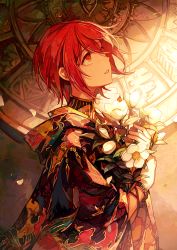 Rule 34 | 1girl, akagi shun, bangle, bracelet, flower, hair between eyes, holding, japanese clothes, jewelry, looking up, original, parted lips, petals, red eyes, red hair, short hair, solo, standing, sunlight, sunset, upper body
