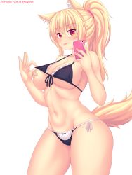 Rule 34 | 1girl, :p, absurdres, animal ear fluff, animal ears, bandaid, bandaids on nipples, black bra, black panties, blonde hair, blush, bra, breasts, cat ears, cat girl, cat tail, cleavage, collarbone, commentary, covered erect nipples, cowboy shot, highres, holding, holding phone, large breasts, long hair, looking at viewer, navel, nottytiffy, original, panties, pasties, patreon username, phone, ponytail, red eyes, simple background, slit pupils, solo, standing, tail, tiffy (nottytiffy), tongue, tongue out, underboob, underwear, white background