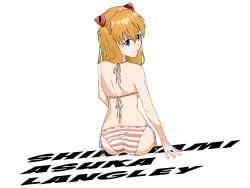 Rule 34 | 1girl, arm support, artist request, ass, bikini, blue eyes, breasts, character name, full body, highres, legs, looking at viewer, medium breasts, neon genesis evangelion, orange hair, red bikini, shiny skin, side-tie bikini bottom, simple background, sitting, smile, solo, souryuu asuka langley, striped bikini, striped clothes, swimsuit, thick thighs, thighs, white background, wide hips