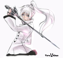 Rule 34 | 1girl, blue eyes, closed mouth, high collar, highres, holding, holding sword, holding weapon, jacket, left-handed, long hair, long sleeves, myrtenaster, ponytail, purple background, rapier, rwby, side ponytail, signature, simple background, solo, sword, teruchan, weapon, weiss schnee, white hair, wide sleeves