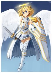 Rule 34 | 1girl, absurdres, ahoge, alternate eye color, alternate form, alternate hair color, angel, angel wings, armor, armored boots, armored skirt, armpits, bare shoulders, blonde hair, blue background, blue eyes, bob cut, boots, bracer, breastplate, gloves, halo, highres, holding, holding shield, holding sword, holding weapon, itai no wa iya nano de bougyoryoku ni kyokufuri shitai to omoimasu, kart prowler, looking at viewer, maple (bofuri), pleated skirt, shield, short hair, short sword, skirt, smile, smirk, solo, spoilers, sword, thighhighs, weapon, white armor, white gloves, white skirt, white wings, wind, wind lift, wings, zettai ryouiki
