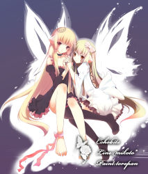 Rule 34 | 00s, 2girls, absurdres, bad id, bad pixiv id, bare shoulders, barefoot, black skirt, black thighhighs, blonde hair, bug, butterfly, chii, chobits, choker, cleavage cutout, clothing cutout, colorized, cross, crown, detached sleeves, dress, elda, feet, flower, freya, freya (chobits), frilled dress, frills, hair ribbon, highres, holding hands, insect, jewelry, knees, long hair, looking at viewer, mecha musume, multiple girls, nana mikoto, necklace, red dress, ribbon, robot ears, rose, siblings, sisters, skirt, thighhighs, torepan, twins, white dress, white flower, white rose, white skirt, wings