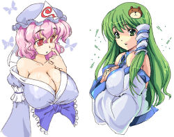 Rule 34 | 2girls, bad id, bad pixiv id, bare shoulders, blush, body blush, bow, breasts, cleavage, collarbone, covered erect nipples, detached sleeves, female focus, green eyes, green hair, hair ornament, hair tubes, hands on own chest, hat, huge breasts, japanese clothes, kimono, kochiya sanae, large breasts, long hair, lute (apocalypselibrary), multiple girls, no bra, off shoulder, pink hair, puffy nipples, red eyes, saigyouji yuyuko, shiny skin, simple background, straight hair, touhou, triangular headpiece, upper body, wavy hair, white background, wide sleeves