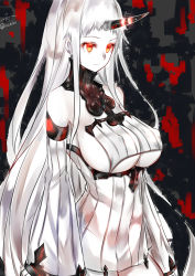 Rule 34 | 10s, 1girl, abyssal ship, bare shoulders, breast curtains, breasts, colored skin, cowboy shot, detached sleeves, dress, covered erect nipples, female focus, ffmania7, highres, horns, isshiki (ffmania7), kantai collection, large breasts, long hair, orange eyes, ribbed dress, ribbed sweater, seaport princess, short dress, sideboob, single horn, solo, sweater, sweater dress, twitter username, underboob, very long hair, white hair, white skin