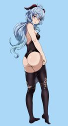 Rule 34 | 1girl, ass, blue background, blue hair, from behind, ganyu (genshin impact), genshin impact, highres, horns, long hair, looking back, pantyhose, purple eyes, sbel02, solo