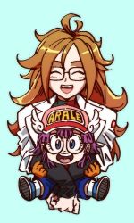 Rule 34 | 2girls, :d, ^ ^, age difference, android 21, antenna hair, baseball cap, black footwear, blue background, blue eyes, blue shorts, blush, brown hair, character name, closed eyes, creator connection, crossover, dr. slump, dragon ball, dragon ball fighterz, eyelashes, full body, glasses, gloves, happy, hat, hug, hug from behind, kemachiku, lab coat, long hair, long sleeves, looking at viewer, lowres, multiple girls, norimaki arale, open mouth, purple hair, red ribbon, ribbon, shorts, simple background, smile, socks, trait connection, upper body, very long hair