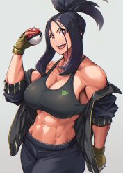 Rule 34 | 1girl, abs, black hair, breasts, cleavage, creatures (company), dendra (pokemon), game freak, gloves, highres, jacket, large breasts, long bangs, long hair, looking at viewer, mikel (4hands), muscular, muscular female, nintendo, open clothes, open jacket, poke ball, pokemon, pokemon sv, ponytail, red eyes, scar, scar on face, sleeves rolled up, solo, sports bra, sweat