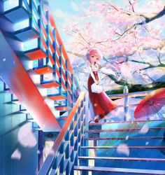 Rule 34 | 1girl, bag, cherry blossoms, fire emblem, fire emblem fates, full body, hairband, highres, holding, holding bag, japanese clothes, kwz ini, looking at viewer, nintendo, outdoors, sakura (fire emblem), smile, solo, stairs, umbrella