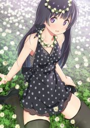 Rule 34 | 1girl, arm support, bare shoulders, black dress, black footwear, black hair, black thighhighs, blunt bangs, blush, breasts, commentary request, dress, field, flower, flower field, flower neckwear, furuyama itaru, head wreath, long hair, looking at viewer, open mouth, original, outdoors, paid reward available, polka dot, polka dot dress, purple eyes, sitting, sleeveless, sleeveless dress, small breasts, solo, thighhighs, wariza