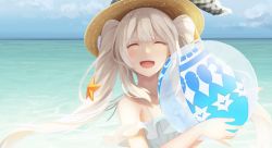 Rule 34 | 1girl, bad id, bad twitter id, ball, beachball, blush, closed eyes, facing viewer, fate/grand order, fate (series), hair ornament, hinoshita akame, holding, holding ball, long hair, marie antoinette (fate), marie antoinette (swimsuit caster) (second ascension) (fate), open mouth, silver hair, smile, solo, starfish, starfish hair ornament, twintails