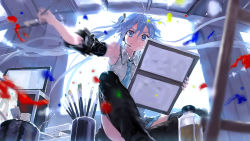 Rule 34 | 1girl, ahoge, art brush, blue eyes, blue hair, bob (biyonbiyon), canvas (object), detached sleeves, floating hair, hatsune miku, headset, highres, long hair, matching hair/eyes, motion blur, nail polish, necktie, outstretched arm, paint, paintbrush, painting (action), sitting, skirt, smile, solo, sweat, thighhighs, twintails, very long hair, vocaloid