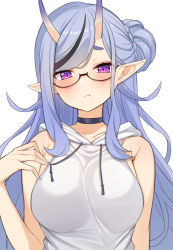 Rule 34 | 1girl, absurdres, black hair, blue hair, blue nails, blush, breasts, choco tanuki, choker, closed mouth, collarbone, glasses, highres, hood, hoodie, horns, large breasts, long hair, looking at viewer, mole, mole under mouth, multicolored hair, nail polish, nijisanji, pointy ears, pout, pouty lips, purple eyes, rindou mikoto, sleeveless, sleeveless hoodie, solo, streaked hair, upper body, virtual youtuber, white hoodie