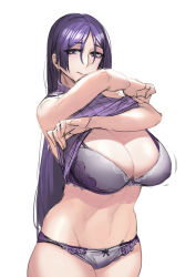 Rule 34 | 1girl, absurdres, bare shoulders, bow, bow panties, bra, breasts, cleavage, clothes lift, curvy, fate/grand order, fate (series), highres, knatb, lace, large breasts, lifted by self, long hair, looking at viewer, midriff, minamoto no raikou (fate), motherly, navel, panties, parted bangs, pink lips, purple bra, purple eyes, purple hair, purple panties, ribbed sweater, simple background, sleeveless, sleeveless turtleneck, solo, sweater, sweater lift, taking off, turtleneck, turtleneck sweater, underwear, very long hair, white background
