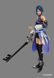 Rule 34 | 1girl, 3d, aqua (kingdom hearts), armor, armored boots, black shirt, black shorts, black thighhighs, blue eyes, blue hair, boots, detached sleeves, female focus, fingerless gloves, full body, game model, gloves, grey background, grey gloves, keyblade, kingdom hearts, kingdom hearts 0.2 birth by sleep -a fragmentary passage-, matching hair/eyes, official art, shirt, short hair, shorts, simple background, solo, thighhighs, watermark
