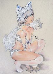 Rule 34 | 1girl, alternate costume, animal ear fluff, animal ear headwear, animal ears, bare shoulders, blue eyes, blue nails, blue ribbon, blush, bra, breasts, choker, cleavage, collarbone, commentary, detached sleeves, fake animal ears, frilled bra, frilled panties, frills, fur-trimmed headwear, fur trim, grey background, grey hair, hair between eyes, hair ornament, hairclip, highres, iosa ferran, lingerie, nail polish, navel, off shoulder, over-kneehighs, panties, parted lips, ponytail, ribbon, rurine luna, see-through, see-through legwear, see-through sleeves, short hair, short ponytail, sidelocks, sideways glance, signature, small breasts, solo, spanish commentary, squatting, stomach, tail, thighhighs, thighs, traditional media, underwear, virtual youtuber, wactor production, white bra, white choker, white headwear, white panties, white tail, white thighhighs, wolf ears, wolf tail