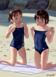 Rule 34 | 2girls, arena (company), bare arms, bare legs, bare shoulders, blue one-piece swimsuit, blush, brown eyes, brown hair, clothes pull, collarbone, commentary request, competition school swimsuit, covered navel, flat chest, full body, hair bobbles, hair ornament, highres, kneeling, logo, looking at another, mu-pyon, multiple girls, one-piece swimsuit, one-piece swimsuit pull, open mouth, original, outdoors, rock, sand, school swimsuit, short hair, smile, swimsuit, towel, twintails