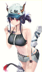 Rule 34 | 1girl, arknights, bad id, bad pixiv id, bare arms, bare shoulders, baseball cap, bikini, black bikini, blue hair, breasts, ch&#039;en (arknights), ch'en (arknights), commentary request, cowboy shot, dragon horns, dragon tail, unworn eyewear, female tourist c (arknights), grey shorts, halterneck, hand up, hat, heart, highres, holding, holding removed eyewear, horns, horns through headwear, large breasts, long hair, navel, official alternate costume, pouch, red eyes, shichi (ratorin53), short shorts, shorts, sidelocks, simple background, solo, standing, stomach, sunglasses, swimsuit, tail, thighs, watch, white background, wristwatch