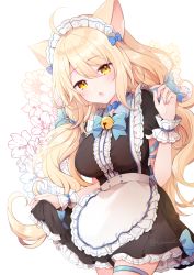 Rule 34 | 1girl, ahoge, animal ears, apron, bell, black dress, blonde hair, blue bow, bow, breasts, cat ears, center frills, collared dress, commentary request, dress, floral background, frilled apron, frilled dress, frills, fukunoki tokuwa, hair bow, jingle bell, long hair, maid, maid headdress, medium breasts, original, pleated dress, puffy short sleeves, puffy sleeves, short sleeves, skindentation, skirt hold, solo, thigh strap, very long hair, white apron, white background, wrist cuffs