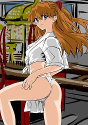Rule 34 | 1girl, ass, ass grab, bare legs, blue eyes, breasts, brown hair, cameltoe, completely nude, expressionless, eywy4324, floating hair, fundoshi, grabbing own ass, highres, japanese clothes, legs apart, long hair, looking at viewer, looking back, neon genesis evangelion, nude, shirt, skindentation, small breasts, solo, souryuu asuka langley, standing, white shirt