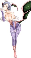 Rule 34 | 1girl, :o, animal print, bare shoulders, bat print, bat wings, breasts, capcom, demon girl, head wings, legs, leotard, lilith aensland, medium breasts, nipples, open mouth, pantyhose, print pantyhose, purple pantyhose, red leotard, short hair, simple background, solo, star (starpage), thighs, vampire (game), white background, wings