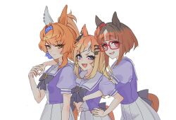 Rule 34 | :d, animal ears, blue eyes, blue hairband, blunt bangs, bow, bowtie, brown hair, clothing cutout, ear covers, espoir city (umamusume), from side, furioso (umamusume), glasses, hair ornament, hairband, hairclip, highres, horse ears, horse girl, horse tail, horseshoe ornament, long hair, looking at viewer, looking to the side, multicolored hair, ningen3333, open mouth, orange hair, pink-framed eyewear, pleated skirt, ponytail, puffy short sleeves, puffy sleeves, purple bow, purple bowtie, purple serafuku, red eyes, school uniform, serafuku, short hair, short sleeves, sidelocks, simple background, single ear cover, skirt, smile, streaked hair, tail, tail through clothes, transcend (umamusume), umamusume, white background, white hair, white skirt, yellow eyes
