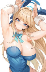 Rule 34 | 1girl, absurdres, animal ear hairband, animal ears, aqua bow, aqua bowtie, armpits, arms up, blonde hair, blue archive, blue leotard, bow, bowtie, breasts, detached collar, fake animal ears, hairband, halo, headset, highres, large breasts, leotard, looking at viewer, official alternate costume, playboy bunny, rabbit ear hairband, rabbit ears, rabbit pose, simple background, solo, sr911656337775, strapless, strapless leotard, toki (blue archive), toki (bunny) (blue archive), white background, wrist cuffs