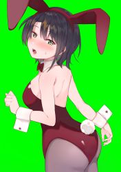 Rule 34 | 1girl, absurdres, animal ears, ass, back, bare shoulders, black hair, blue eyes, blush, bow, bowtie, breasts, cowboy shot, detached collar, fake animal ears, from behind, green background, highres, hololive, leotard, looking at viewer, looking back, medium breasts, oozora subaru, open mouth, pantyhose, playboy bunny, rabbit ears, rabbit tail, red leotard, short hair, simple background, solo, sweat, tail, tonarikeru, virtual youtuber, wrist cuffs
