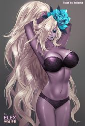 Rule 34 | 1girl, artist name, big hair, blue eyes, bra, breasts, colored skin, dungeon and fighter, eyeliner, flower, hair flower, hair ornament, hair over one eye, highres, large breasts, long hair, looking at viewer, makeup, mouth hold, panties, purple skin, ravaniz, sharan (dungeon and fighter), smile, solo, strapless, strapless bra, tying hair, underwear, very long hair, white hair