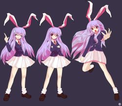 Rule 34 | 1girl, alphes (style), animal ears, bare legs, blouse, blue background, closed eyes, crossed arms, female focus, highres, kaoru (gensou yuugen-an), light purple hair, loafers, long hair, looking at viewer, necktie, open mouth, outstretched arm, parody, pointing, pointing up, rabbit ears, red eyes, red necktie, reisen udongein inaba, shirt, shoes, simple background, socks, standing, standing on one leg, style parody, sweatdrop, touhou, very long hair, vest