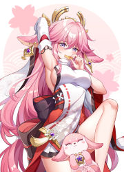 Rule 34 | 1girl, animal, animal ears, arm behind head, arm up, armpits, bare shoulders, breasts, detached sleeves, food, fox, fox ears, genshin impact, gou lianlian dogface, hair ornament, hand up, japanese clothes, knee up, large breasts, long hair, long sleeves, looking at viewer, miko, mouth hold, pink hair, sideboob, solo, thighs, tofu, very long hair, yae miko, yae miko (fox)