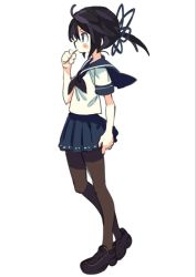 Rule 34 | 1girl, black hair, blush, character request, commentary request, copyright request, from side, full body, morino hon, pantyhose, school uniform, shoes, short ponytail, skirt, solo, standing