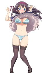 Rule 34 | 1girl, absurdres, arms up, bell, black footwear, black hair, black thighhighs, blue eyes, blush, bra, breasts, clothes lift, commentary, commission, dress, dress lift, gal gun (series), gal gun double peace, hair bell, hair ornament, hairband, highres, kamizono shinobu, komatsu (sakanae), long hair, looking down, medium breasts, navel, necktie, open mouth, panties, petticoat, pixiv commission, puffy short sleeves, puffy sleeves, red hairband, sakurachi academy school uniform, school uniform, short sleeves, simple background, solo, standing, striped bra, striped clothes, striped panties, thighhighs, underwear, white background, white dress, wind, wind lift