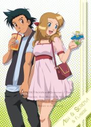 Rule 34 | 1boy, 1girl, aged up, ash ketchum, bag, black hair, black pants, brown eyes, closed mouth, commentary, creatures (company), cup, dress, drinking straw, english commentary, flabebe, flabebe (blue flower), game freak, gen 6 pokemon, grey shirt, hair ribbon, hand up, handbag, holding, holding cup, holding hands, nintendo, noelia ponce, pants, pink dress, pokemon, pokemon (anime), pokemon (creature), pokemon xy (anime), red ribbon, ribbon, serena (pokemon), shirt, short sleeves, smile, t-shirt, vest