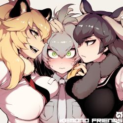 Rule 34 | 10s, 3girls, :/, alternate breast size, animal ears, antlers, black eyes, black hair, blonde hair, blush, breast press, breasts, closed mouth, collared shirt, eyebrows, fangs, fishine, fur collar, green eyes, grey hair, grey necktie, grey shirt, hair between eyes, half-closed eyes, hand on another&#039;s head, head wings, highres, horns, kemono friends, large breasts, lion (kemono friends), lion ears, long hair, looking at another, looking at viewer, low ponytail, moose (kemono friends), moose ears, multicolored hair, multiple girls, necktie, open mouth, shirt, shoebill (kemono friends), side ponytail, smile, sweat, wavy mouth, wide-eyed, wings, yellow eyes, yuri