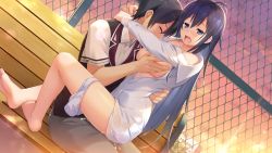 Rule 34 | 1girl, ahoge, barefoot, bench, blue eyes, blue hair, blush, boku no mirai wa koi to kakin to, grabbing another&#039;s breast, breasts, breasts out, chain-link fence, clothed sex, cloud, cum, cum in pussy, ejaculation, embarrassed, evening, fence, from side, game cg, grabbing, hair between eyes, head hug, highres, large breasts, long hair, mahara shiori, nironiro, open mouth, orgasm, original, outdoors, panties, panties around leg, school uniform, sex, sky, straddling, unbuttoned, unbuttoned shirt, underwear, upright straddle, vaginal