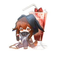 Rule 34 | 1girl, absurdres, animal ears, arknights, black gloves, black jacket, crownslayer (arknights), cup, drink, gloves, highres, holding, holding cup, hood, hooded jacket, jacket, mask, mouth mask, red eyes, red hair, shirt, short hair, tail, transparent background, watanabe kawa