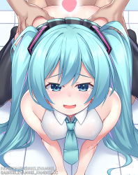 Rule 34 | 1boy, 1girl, ass grab, between breasts, black thighhighs, blush, breasts, censored, collared shirt, doggystyle, from above, gabriel evangel, green eyes, green hair, hair between eyes, hatsune miku, heart, heart censor, highres, microskirt, necktie, necktie between breasts, sex, sex from behind, shirt, skindentation, skirt, smile, thighhighs, twintails, vocaloid