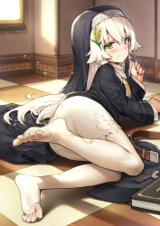 Rule 34 | 1girl, 3:, arm support, ass, belt, blush, book, checkered floor, cross, dong jin meng mi, feet, green eyes, habit, hair ornament, haoni, holding, indoors, long hair, long sleeves, looking at viewer, lying, no shoes, nun, on floor, on side, panties, panties under pantyhose, pantyhose, robe, solo, sparkle, suiji, tearing up, tears, torn clothes, torn pantyhose, underwear, white hair, white panties, white pantyhose