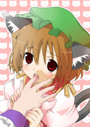 Rule 34 | 1girl, akagiakemi, animal ears, brown hair, cat ears, cat girl, cat tail, chen, earrings, female focus, licking finger, hat, jewelry, licking, multiple tails, red eyes, short hair, solo focus, tail, touhou, yakumo ran