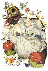 Rule 34 | 1boy, 2girls, belt pouch, blanca (fate), blonde hair, blue eyes, boots, bug, butterfly, caterpillar, cloak, diamond hairband, fairy, fate/grand order, fate (series), flower, fur-trimmed boots, fur-trimmed cloak, fur trim, hair between eyes, highres, insect, leaf, long sleeves, looking at animal, medium hair, moth, multiple girls, mushroom, oberon (fate), orange flower, phonograph, pink flower, pirohi (pirohi214), pouch, robe, rope belt, smile, solo focus, tree stump, white background, white cloak, white footwear, white robe, yellow flower