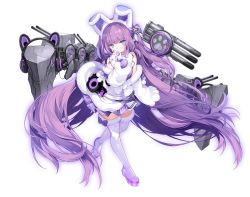 Rule 34 | 1girl, absurdly long hair, animal ears, animal hands, azur lane, bare shoulders, blue eyes, boots, bow, byulzzi, coat, covering own mouth, fake animal ears, full body, fur trim, gloves, hair bow, highres, idol, long hair, looking at viewer, machinery, miniskirt, off shoulder, official art, paw gloves, pleated skirt, purple hair, purple skirt, shirt, skirt, sleeveless, sleeveless shirt, solo, stage, tashkent (azur lane), tashkent (muse) (azur lane), thighhighs, torpedo launcher, transparent background, turret, two side up, very long hair, white coat, white footwear, zettai ryouiki