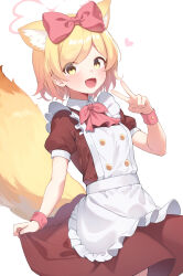 Rule 34 | 1girl, :d, absurdres, animal ears, apron, blonde hair, blue archive, blush, bow, brown skirt, character request, commentary request, hair bow, halo, heart, highres, looking at viewer, maid, maid apron, open mouth, pink bow, pink halo, puffy short sleeves, puffy sleeves, short hair, short sleeves, simple background, skirt, smile, solo, sonao, tail, v, white background, wrist cuffs, yellow eyes