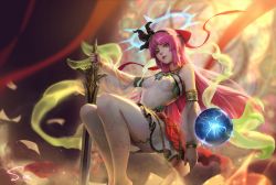 Rule 34 | 1girl, bare shoulders, blurry, blurry background, breasts, detached sleeves, dress, earrings, green eyes, hair ornament, halo, highres, holding, holding sword, holding weapon, jewelry, lips, long hair, looking at viewer, navel, necklace, official art, pink hair, rance (series), rance 10, sarena, see-through, sitting, small breasts, smile, solo, sword, weapon, white dress, white legwear