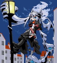 Rule 34 | 1girl, armor, blue eyes, bow, bowl, chopsticks, city, dress, female focus, full body, gauntlets, hair bow, lamppost, living hair, long hair, lowres, mof, mof&#039;s silver haired twintailed girl, moon, night, oekaki, original, outdoors, prehensile hair, silver hair, sky, solo, twintails, very long hair, weapon