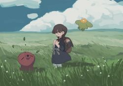 Rule 34 | 1girl, alternate hairstyle, backpack, bag, black dress, braid, braided ponytail, brown bag, brown hair, buttons, cloud, commentary request, creatures (company), day, dress, falling leaves, game freak, gen 1 pokemon, gen 2 pokemon, gloria (pokemon), grass, hands up, highres, holding strap, in bag, in container, leaf, long hair, looking down, nintendo, nodori710, octillery, omanyte, outdoors, pantyhose, pokemon, pokemon (creature), pokemon swsh, skiploom, sky, standing, white pantyhose