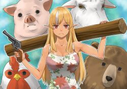 Rule 34 | 4others, beard, bird, blonde hair, breasts, chicken, dark-skinned female, dark skin, facial hair, goat, gun, handgun, hololive, large breasts, looking at viewer, multicolored hair, multiple others, pig, pointy ears, red eyes, revolver, shiranui flare, sleeveless, twitter, two-tone hair, virtual youtuber, weapon, white hair, yoohei (pizzadev)