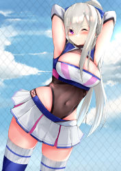 Rule 34 | 1girl, ;|, absurdres, areola slip, armpit cutout, armpits, arms behind back, arms behind head, azur lane, black leotard, blue sky, blue thighhighs, blush, bow, braid, breasts, casablanca (azur lane), casablanca (cheer squad on break) (azur lane), chain-link fence, cheerleader, cleavage, cleavage cutout, clothing cutout, cloud, commentary, covered navel, cowboy shot, crop top, day, fence, groin, hair between eyes, hair bow, highleg, highleg leotard, highres, kebohan, large breasts, leotard, leotard under clothes, long hair, long sleeves, looking at viewer, midriff, miniskirt, navel, one eye closed, outdoors, pleated skirt, ponytail, purple eyes, revision, ribbed legwear, sidelocks, silver hair, skirt, sky, solo, standing, thighhighs, twitter username, two-tone skirt, white skirt, zettai ryouiki