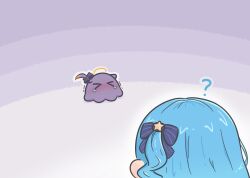 Rule 34 | &gt; &lt;, 1girl, 1other, ?, absurdres, ahoge, blob, blue hair, bocchi the rock!, chibi, commentary, commentary request, halo, highres, hololive, hololive english, hoshimachi suisei, long hair, mpien, shaking, side ponytail, star (symbol), takodachi (ninomae ina&#039;nis), tearing up, virtual youtuber